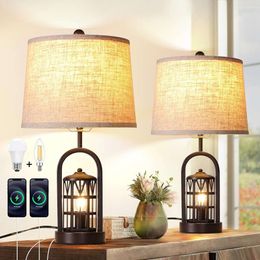 Set of 2 Farmhouse Rustic Table Lamps with Night Light and USB Ports - Vintage Lantern Design for Living Room, Bedroom, and Bedside Decor