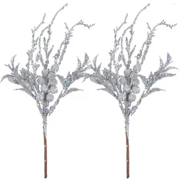 Decorative Flowers 2Pcs Artificial Glitter Christmas Leaves Picks DIY Xmas Tree Wreath Leaf Stems