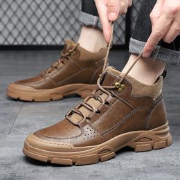 Casual Shoes Winter Plush Handmade Leather Men Sneakers Comfortable High Top Loafers Moccasins Driving Board Off