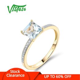 VISTOSO Genuine 9K 375 Yellow Gold Ring For Women Sparkling Diamond Blue Topaz Minimalism Daily Wear Solitaire Fine Jewelry 240402