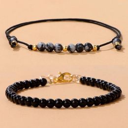 Charm Bracelets 2Pcs/Set Black Onyx Alabaster Natural Stone For Women Men Adjustable Bracelet 4mm Round Beads Set Jewellery