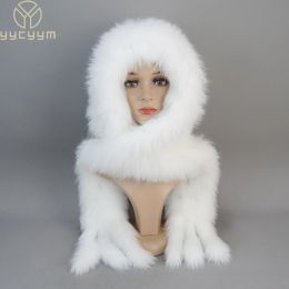 2024 New Winter Women Natural Fox Fur Hats&Scarves Lady Warm Fluffy Real Fox Fur Hat&Scarf Luxury Knit Genuine Fur Hooded Scarfs
