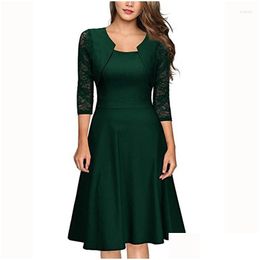 Basic Casual Dresses Retro Solid A-Line Party Dress Women Spring Autumn Square Collar Half Sleeve Hollow Out Elegant Office Lady Vesti Dhych