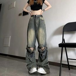 Women's Jeans Retro Vintage Strap Cutout Design Summer Street Style Chic Cool Solid Casual Pants Female Wide Leg Denim Trousers