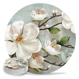 Table Mats Idyllic White Flowers Vintage Coasters Ceramic Set Round Absorbent Drink Coffee Tea Cup Placemats Mat