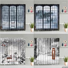 Shower Curtains Winter Christmas Curtain Vintage Window Wooden Door Elk Forest Snowman Landscape Bathroom Decorative Hooks