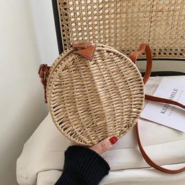 Drawstring Textured Western Style Women's Bag 2024 Fashion Trendy Straw Messenger All-match Single Shoulder Small Round