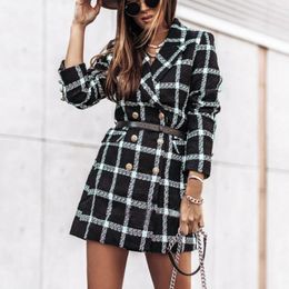 Women's Suits Autumn Spring Plaid Woolen Coat Dress Women Causal Office Ladies V-Neck Double Breasted Slim Jacket