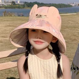 Wide Brim Hats Bucket Hats Childrens Sunscreen Hat Summer Empty-Top Sun Hat for Girls Sweet and Cute Large Brim Beach and Seaside Fisherman Hat L240402