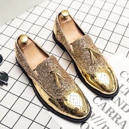 Casual Shoes Spring Tassel Men's Golden Nightclub Loafers Mens Slip-on Comfort Bright Leather Low-heeled
