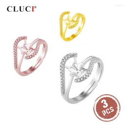 Cluster Rings CLUCI 3pcs 925 Sterling Silver Geometric Zircon For Women Pearl Ring Mounting Adjustable Open SR2113SB