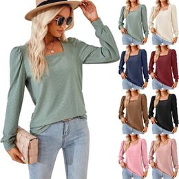 Women's T Shirts Casual Eyelet Tops For Women Summer Square Neck Long Sleeve Loose Tees