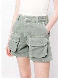 Women's Jeans Safari Style Denim Shorts Flap Pockets High Waist Ladies Solid Color Short 2024 Summer