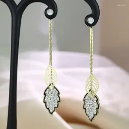 Dangle Earrings Elegant Gold Plated White Zircon Leaf Fashion Crystal Tassel Bridal Long Drop Wedding Jewelry
