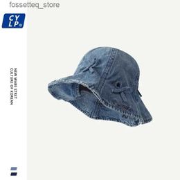 Wide Brim Hats Bucket Hats Korean High Quality Sweet and Cute Denim Bucket Hat Womens Spring/Summer Fashion Sunset Street Simple Basin C L240402