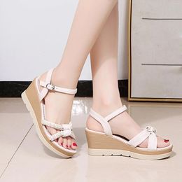 Sandals Women Dressy Pearl Platform Summer One Line Buckle Soft Wedge Roman Non Slip Beach Shoes For Woman