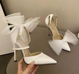 Boots New Tulle Bow Heels Designer Stiletto High Heels Women Pumps 2022 Pink Satin Wedding Shoes Bride Ladies Party Prom Shoes