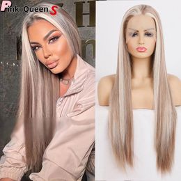 13X2,5 Synthetische Spitze Front Perücken Für Frauen Super Lange 26 Zoll Blonde Highlight Ingwer Gerade Spitze Perücken Cosplay Party perücken Koreanische hohe temperatur faser haar