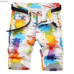 Men's Shorts Mens fancy Coloured paint shorts summer Y2K elastic denim striped digital printed white jeansL2404