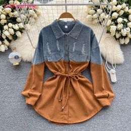 Women's Blouses LKF Street Leisure Long Sleeved Dress Denim Panel Flannel Contrast Waist Tie Up Single Breasted Shirt Wholesale