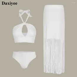 Women's Swimwear 3 Pieces White Bikinis Sexy Hollow Out Women Swimsuit With Tassel Skirt High Waist Biquini Cover Up Swimming Suit Beach