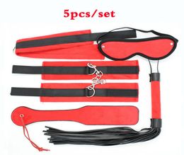 Adult Games 5PiecesSet Leather Fetish Bondage Restraint Handcuffs whip MaskEye patch Spanking Paddle Neck Collar Sex Toys7324252