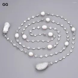 Pendant Necklaces GG Jewellery 49" White Keshi Pearl Cz Pave Chain Long Necklace
