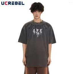 Men's T Shirts Rose Print Short Sleeve T-shirt Mens High Street Washed Summer Loose Crew Neck Half-Sleeve Cotton Tee Men