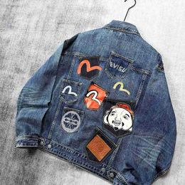 2024 Spring and Autumn Season New Trendy Brand Fushen Mens Pocket Home Flower Denim Jacket Casual Coat