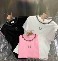 Miumiuss Summer Tshirt for Women Clothing Letter Embroidery Beads O-neck Short-sleeve T-shirt Femme Loose Casual Crop Top 100% Cotton Tee N-G3938