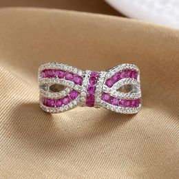 Wedding Rings Female Luxury Rose Red Stone Bowknot For Women Silver Colour Vintage Zircon Bands Bridal Promise Engagement Jewellery