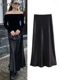 Skirts Aonibeier 2024 Summer Party Women Satin Skirt Elastic High Waisted A-Line Casual Office Female Maxi Long Y2K Black