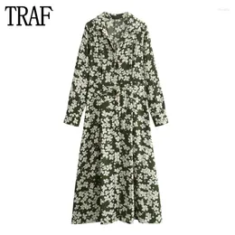 Casual Dresses Floral Shirt Dress Women Green Print Long Woman Belt Office Midi Female Sleeve Button Women's