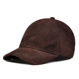 Leather Hat Men Male Winter Top Nubuck Cowhide Adjustable Baseball Cap Big Brim Suede Casual Fashion Women Hip Pop Thin Gorra 240319