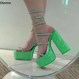 Dress Shoes Olomm Arrival Women Summer Sandals Crystal Chunky Heels Square Toe Pretty Green Light Blue Ladies Party US Size 5-15