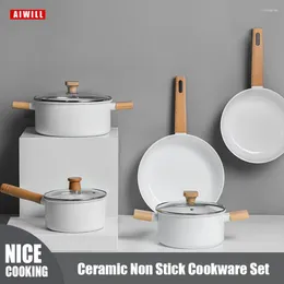 Cookware Sets AIWILL Double Sided Ceramic No Stick Pot Set Korean Style White Wood Grain Soup Frying Pan Milk Combination 3-pcs