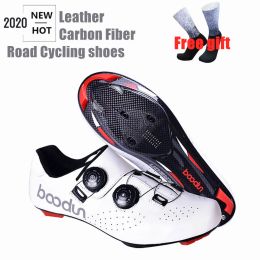 Footwear Boodun Road Cycling Shoes Leather Carbon Fibre Ultralight Selflocking Shoes Professional Racing Road Bike Bicycle Sneakers