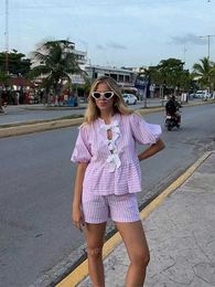 Womens Tracksuits Puffy Sleeve Striped Shirt Short Pants 2 Piece Sets Women Bow Lace Up Hollow Tops High Waist Pant Suit Lady Beachwear