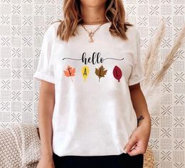 Women's T Shirts Coloured Hello Fall Tshirt Vintage Women Short Sleeve Graphic Autumn Leaves Tee Shirt