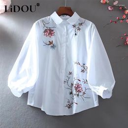 Women's Blouses Summer Solid Color Floral Embroidered Shirt Women POLO Collar Lantern Sleeve Single Breasted Cardigan Thin Style Loose Tops