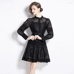 Casual Dresses High-End Lace Hollow Out Sping Dress Women's Runway Embroidery Design Vintage Elegant Long Sleeve