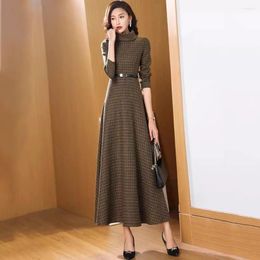 Casual Dresses Women Autumn Winter Long Dress Fashion Turtleneck Sleeve Wool Blends Coffee Plaid Vintage Slim Woollen