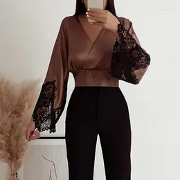 Women's Blouses 2024 Sweet Fashion Lace Decoration Silk Satin Texture Female Chic High Street Vintage Deep V Neck Crop Tops