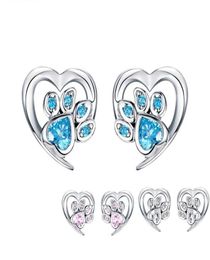 Blue Crystal Pet Paw Stud Earrings for Girl Heart Shape CZ Footprint Ear Studs Jewelry Women Design Bijoux SCE65432155088892300
