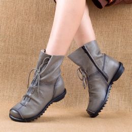 Boots New Women Boots Genuine Leather Laceup Women Shoes Round Toe Winter Wedges Handmade Leisure Ankle Platform Grey Boots