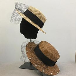 Berets 202401-shi Drop Japan Designer Natural STRAW Mesh Pearl Brim Lady Fedoras Hat Women Leisure Panama Jazz Cap