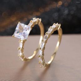 Wedding Rings 2pcs Female Luxury Stacking Square Engagement Ring Sets For Women Gold Colour White Zircon Bridal Bands Mothers Day Gifts