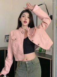 Women's Jackets American Retro Pink Leather Jacket Women Fashion Sweet Single Breasted Temperament Motorcycle Solid Loose Spring Female Coat