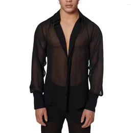 Men's Casual Shirts V-neck Men Shirt Black Mesh See-through With Long Sleeves Sexy Single-breasted Blouse For Party Clubwear