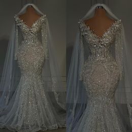 Mermaid Gorgeous Chart Wedding Dress v neck beading lace long sleeves illusion wedding dresses Bridal Gowns sweep train designer robe de mariage sleees